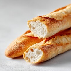 French baguette with golden crust, sliced on white background, luxury simplicity
