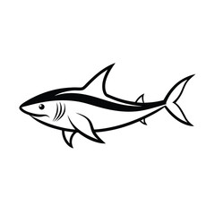 Minimalist black and white shark illustration swimming with distinctive fins and striking tail design