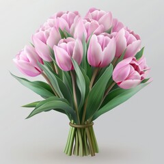 Fototapeta premium Soft Pink Tulip Bouquet – Fresh Spring Flowers with Vibrant Green Leaves Closeup Image.