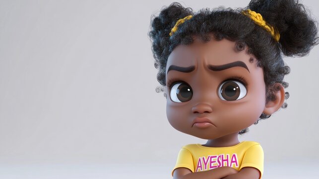 High-res 3D cartoon baby girl model in plastic texture wearing custom T-shirt with her name 'AYESHA' isolated white background 