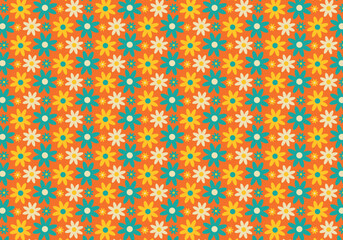 Seamless pattern with flowers on a orange background. Vector illustration for decoration and printing on packaging, textiles, clothing, wallpaper, etc. Spring, summer, nature, plant, flowers, leaves.