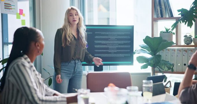 Business, team and woman with presentation by computer screen for advertising campaign or marketing strategy. Creative agency, speaker and investors in meeting for brand guidelines, feedback or pitch