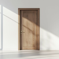 Sleek modern wooden interior door with elegant polished chrome luxury handles against a crisp white wall