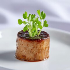 Foie gras plated with gold accents, microgreens garnish, pure white backdrop