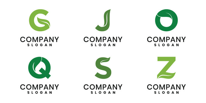 Eco friendly letter logo set with green leaf elements