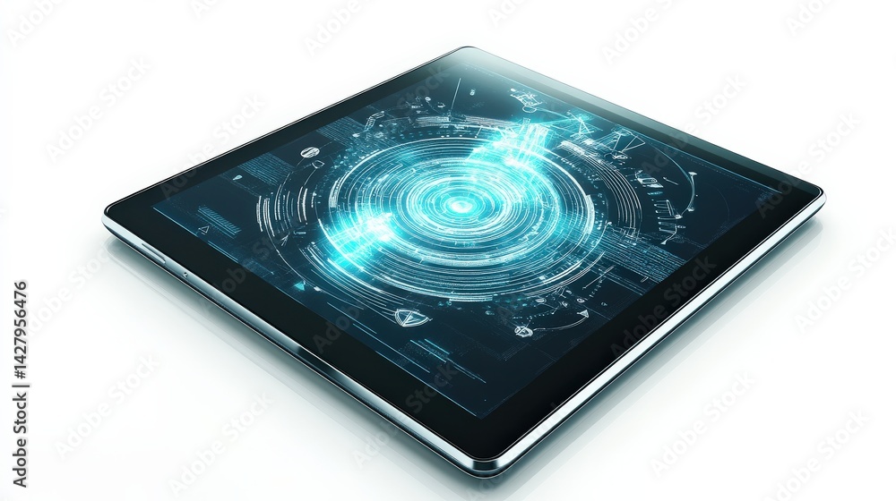 Poster glowing tablet displaying 3d vector graphics