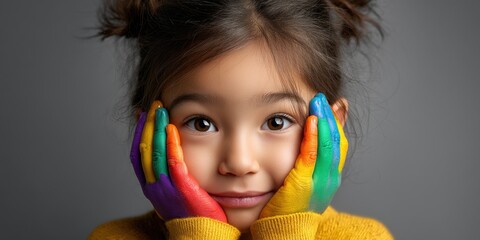 Young girl with colorful hands expressing joy and creativity