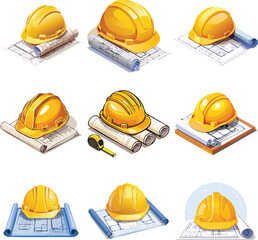 Yellow helmet and project drawings blueprint engineer architecture