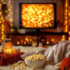 Cozy movie night with popcorn.  Warm, inviting living room scene with a TV, popcorn, and warm lighting