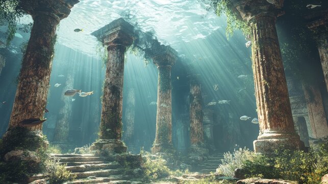 an underwater temple in the middle of the ocean with fish swimming in front of it