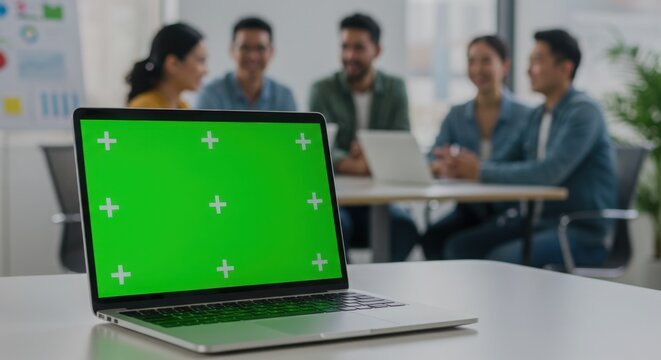 Laptop with Green Screen Observed by Group of Colleagues in Office  