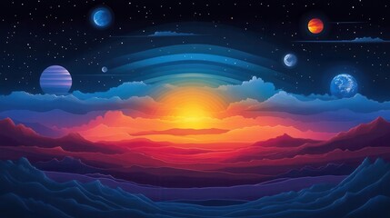 Fototapeta premium Artistic depiction of a vibrant sunset with planets and stars in the night sky.