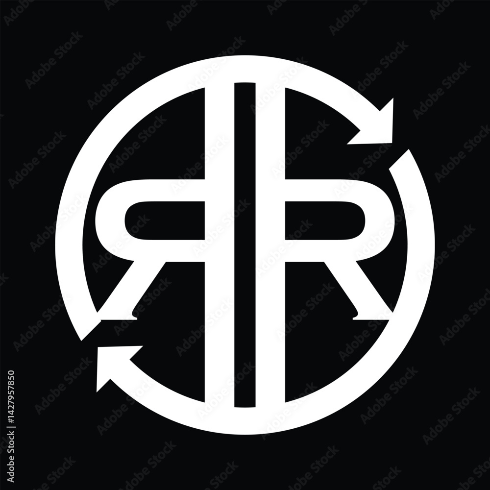 Poster this is a flat logo design of initial rr in round shape with circular arrows in white color on a bla