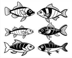 A graphic illustration featuring six stylized fish. They are arranged in three rows, with three fish in each row. The fish exhibit various shapes and patterns, including stripes.
