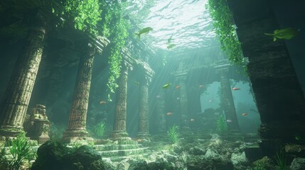 an underwater temple in the middle of the ocean with fish swimming in front of it