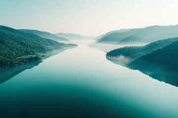 Obraz premium Serene mountain lake, mist-filled valley