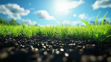 Ant's-eye view of a lush green meadow under a brilliant blue sky: tall grass blades reaching upwards