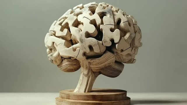 Intricate wooden sculpture of a brain made from puzzle pieces, displayed on a wooden base