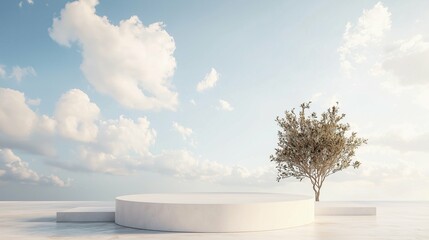 Fototapeta premium Elevated product presentation platform: nature inspired podium under a dramatic expansive sky