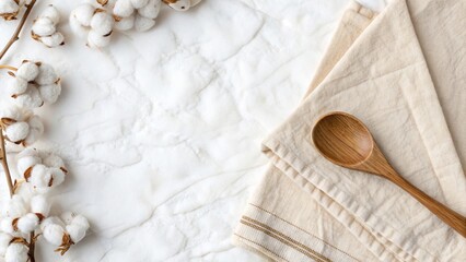 Fototapeta premium Cotton napkin and wooden spoon on a linen background for natural kitchen design inspiration