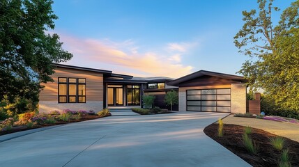 Contemporary house exterior: sunny day, blue sky, minimalist landscaping, concrete driveway