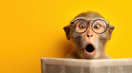 Surprised monkey reading a newspaper with glasses