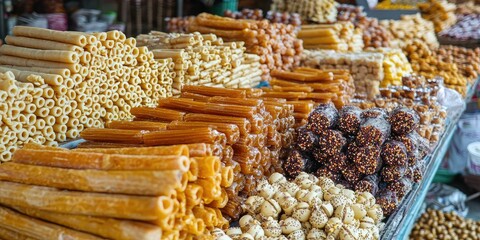 A market stall selling sweet and savory treats for Khmer New Year.