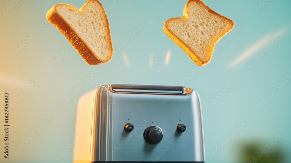 Poster toaster with two slices of bread in it. the bread is toasted and the toaster is turned off