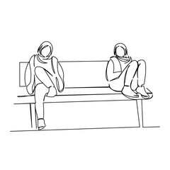 One continuous single drawing line art flat doodle girl, bench, woman, park, sitting, nature. Isolated image hand draw contour on a white background
