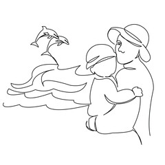 One continuous single drawing line art flat doodle sea, baby, mom, dolphin, blue, water, child. Isolated image hand draw contour on a white background
