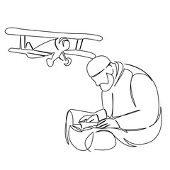 One continuous single drawing line art flat doodle plane, muslim, airplane, travel, passenger, islam, pray. Isolated image hand draw contour on a white background
