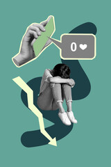 Banner trend collage of person with gadget having zero like crying on green background