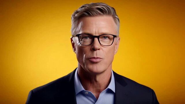 Man speaks, yellow backdrop, studio shot, advert