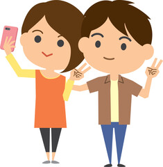 スマホで自撮りをしている若いカップルのイメージイラスト