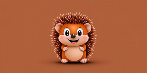 Fototapeta premium cute cartoon hedgehog with cheerful expression stands against brown background, showcasing its spiky quills and round body