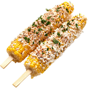 Two delicious Mexican street corn elotes with cotija cheese, chili powder, and cilantro on a transparent background Concept of traditional cuisine, summer food, and snack