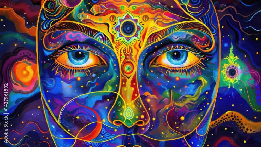 Poster vibrant abstract art depicting a mystical face surrounded by cosmic elements and colorful patterns