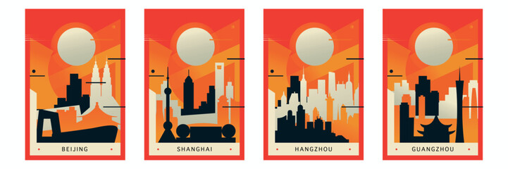 China cities brutalism poster pack with skylines, landmarks of Beijing, Shanghai, Hangzhou, Guangzhou. Vector vertical illustration set. Asian travel cover, brochure, flyer, leaflet, images