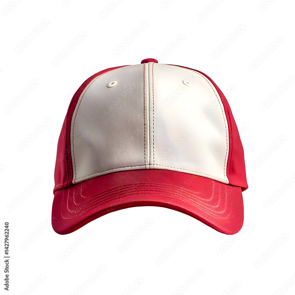 Poster a modern red and white baseball cap with a minimalist symmetrical design and a simple adjustable str