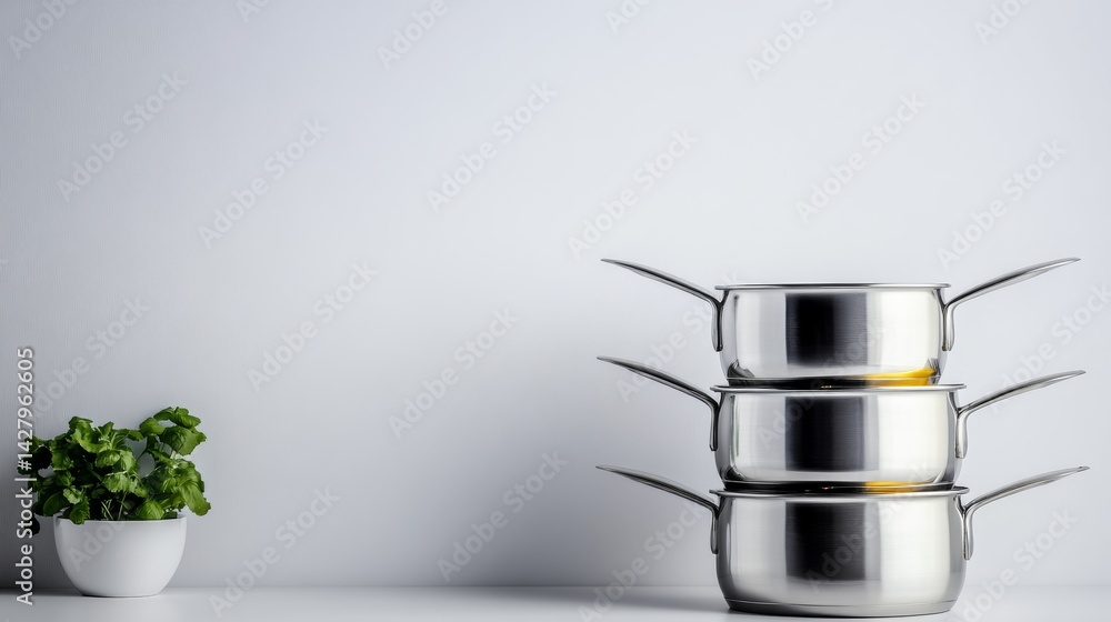 Poster three pots stacked on top of each other on a white counter. the pots are silver and have handles. th