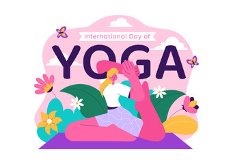 International Yoga Day Vector Illustration on June 21, featuring a Woman Practicing Yoga Poses or Meditation in a Flat Style Healthcare Background