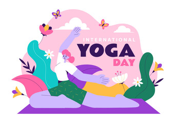 International Yoga Day Vector Illustration on June 21, featuring a Woman Practicing Yoga Poses or Meditation in a Flat Style Healthcare Background