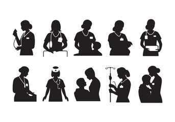 Silhouettes of nurses and healthcare workers performing medical tasks and patient care