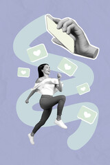Creative art collage of person jump run with mobile phone fall likes on purple color background