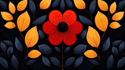 Fototapeta premium Red Flower with Yellow Leaves on Black Background: Simple Vector Art with Symmetrical Composition