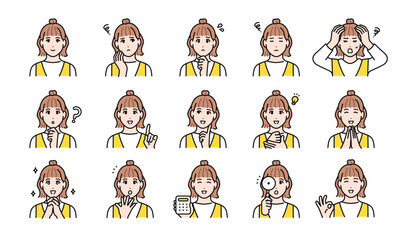 ジャンパースカートを着た若い女性の様々な表情バリエーションセット