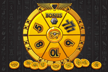 Golden-black Wheel of fortune in Egyptian style for UI game, Slots and casino screen. Vector Icons on separate layers Egyptian treasure. Spinning and winning award or BONUS