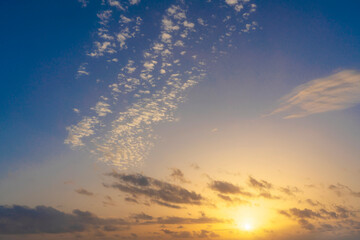 Glowing real sky at sunset texture background overlay. Dramatic red and orange clouds.