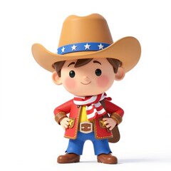 Adorable Cartoon Cowboy Kid 3D Render Western Child Smiling Boy in Hat and Red Coat