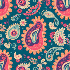 Elegant Paisley fabric design with floral motifs.